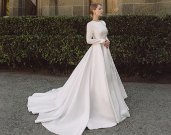 Long sleeve satin wedding dress - Polar Star, Minimalist silk wedding dress, Islamic satin wedding dress, back button wedding dress 0194