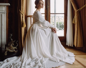 Detachable train wedding dress with bishop sleeves, crepe wedding dress, cowl back wedding dress, bishop puffy sleeves wedding dress, 0180