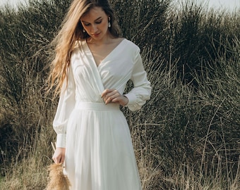 Country style wedding dress with long sleeves - Annabel, minimalist wedding dress, best simple wedding dress, bishop sleeves wedd dress 0213