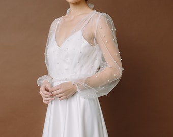 Romantic wedding dress with pearls and a line silhouette, Simple wedding dress with puff sleeves, light summer wedding dress Alisa 0183 2021