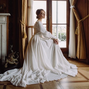 Detachable train wedding dress with bishop sleeves, crepe wedding dress, cowl back wedding dress, bishop puffy sleeves wedding dress, 0180