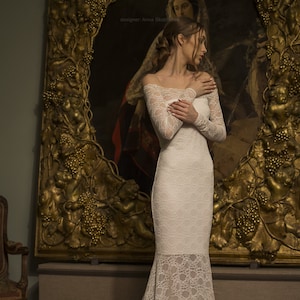 Mermaid wedding dress, Off the shoulder wedding dress, long sleeve wedding dress, Bohemian cheap wedding dress, Simple Wedding Dress - 0158