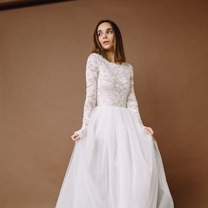 Bridal bodysuit with tulle skirt wedding dress, Long sleeve lace bodysuit, Simple modern long sleeves lace wedding dress Bonita 0185 / 2021 image 1