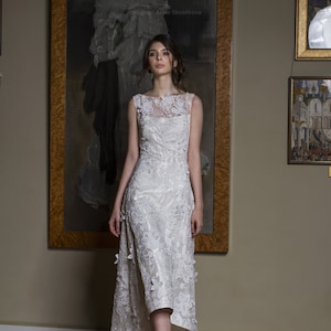 Tea length wedding dress, Floral wedding dress, high low wedding dress, Lace wedding dress, summer wedding dress, Modern wedding dress 0151