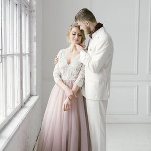 Plus size wedding dress, Blush wedding dress, Pink wedding dress, long sleeve wedding dress, tulle custom wedding dress 2019 / 0079 image 4