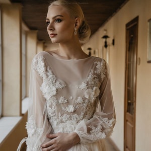 Winter wedding dress with Long sleeve wedding dress, Boho modest wedding dress, A line wedding dress, Backless Fairy wedding dress - 0216