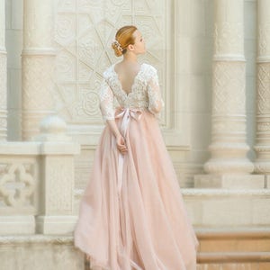 Plus size wedding dress, Plus size bridal gown, Wedding dress with sleeves Plus Size lace, Plus size blush pink simple - 0014