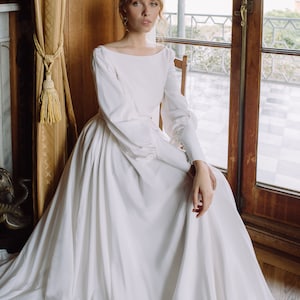 Ivory Cowl Back Crepe Silk Wedding Dress - Bishop Sleeves, Sample Dress