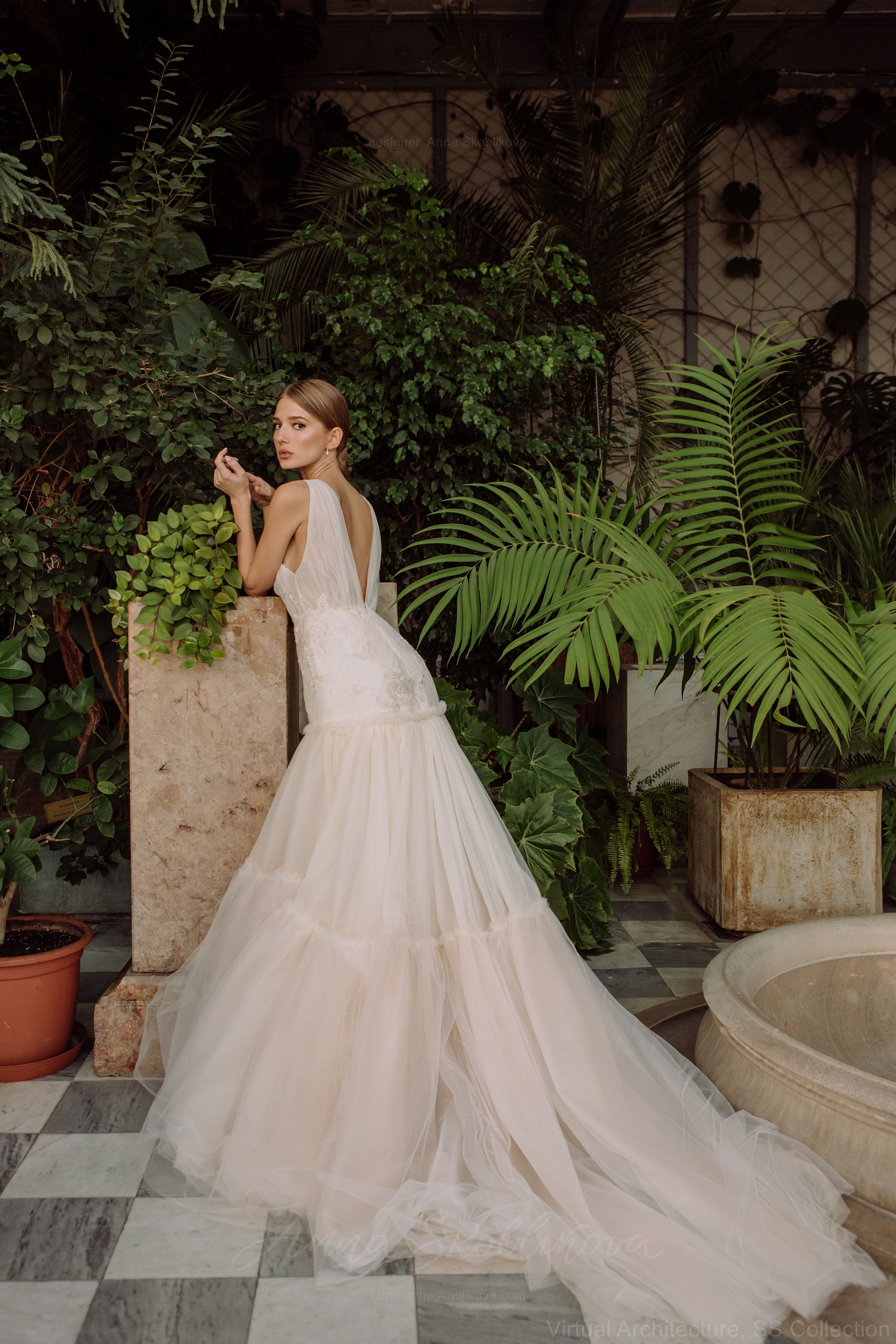 champagne ombre wedding dress Pleated Ombre Champagne Tulle Bridal Dresses Sweet Heart Neckline Minimalist Wedding Dresses AWD1667