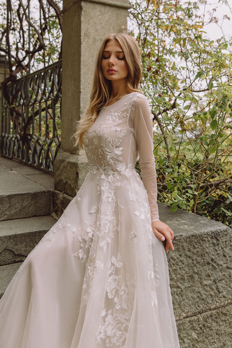 Fairy wedding dress made of natural silk with illusion sleeves, flowy wedding dress, Royal wedding dress, Оrganza Floral wedding dress 0168 image 2