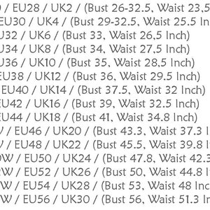 May include: Size chart for clothing with US, UK, and EU sizes listed for XXS to 3XL. Bust and waist measurements are listed in inches.
