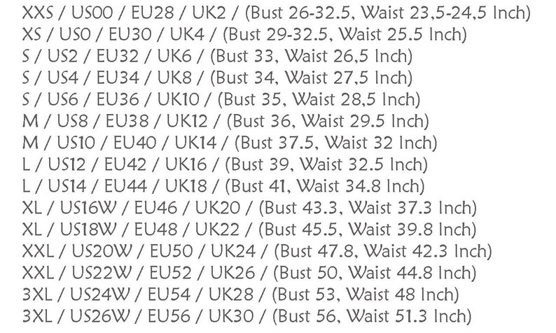 May include: Size chart for clothing with US, UK, and EU sizes listed for XXS to 3XL. Bust and waist measurements are listed in inches.