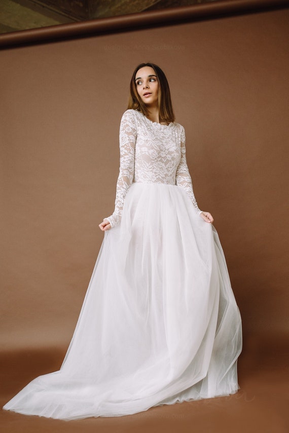 Bridal Bodysuit With Tulle Skirt Wedding Dress, Long Sleeve Lace