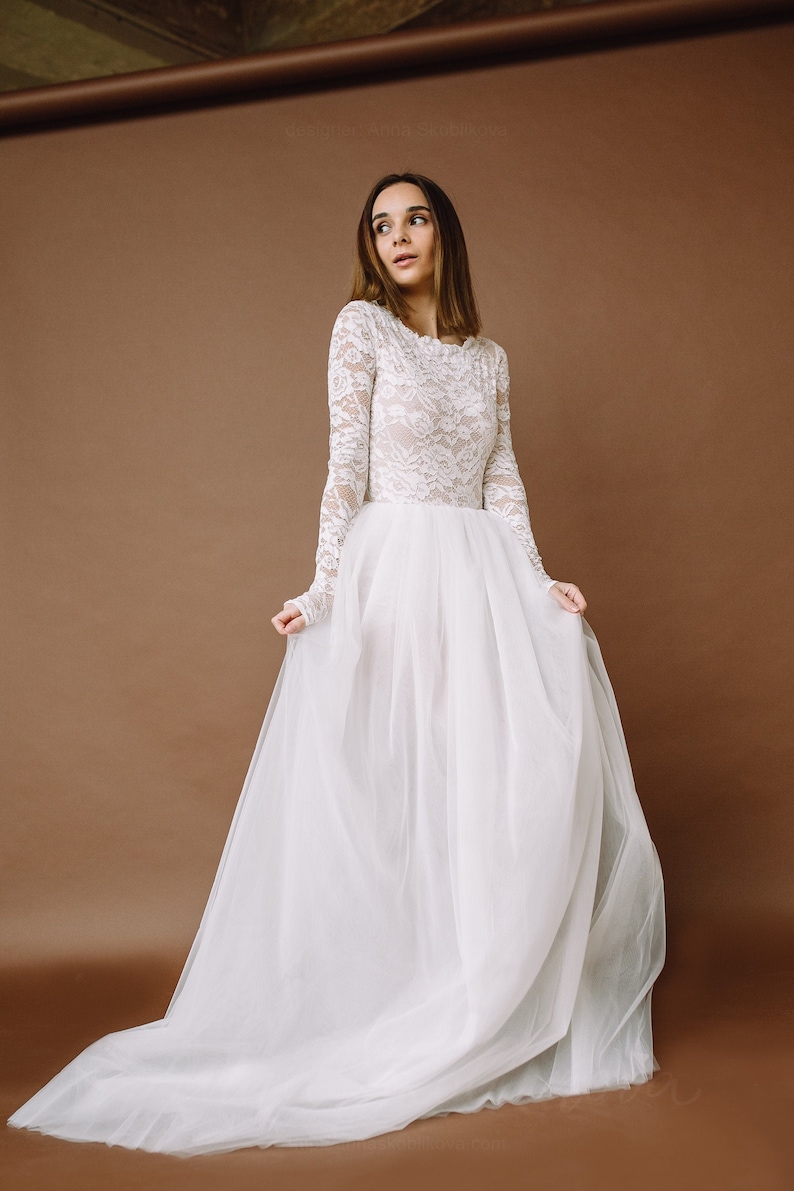 Bridal bodysuit with tulle skirt wedding dress, Long sleeve lace bodysuit, Simple modern long sleeves lace wedding dress Bonita 0185 / 2021 image 1