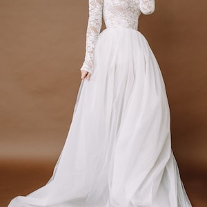 Bridal bodysuit with tulle skirt wedding dress, Long sleeve lace bodysuit, Simple modern long sleeves lace wedding dress Bonita 0185 / 2021 image 3