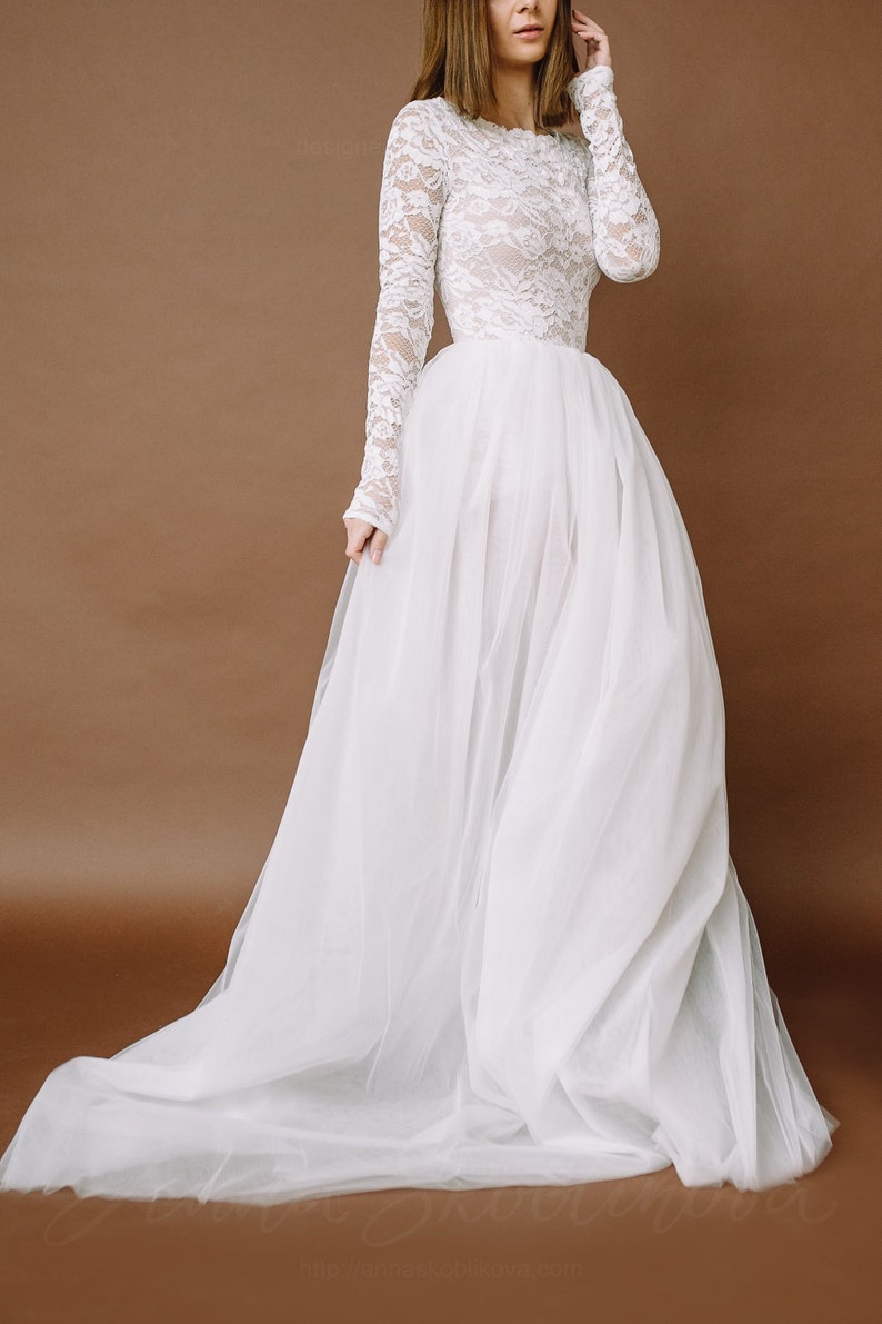 Bridal bodysuit with tulle skirt wedding dress, Long sleeve lace bodysuit, Simple modern long sleeves lace wedding dress Bonita 0185 / 2021 image 3