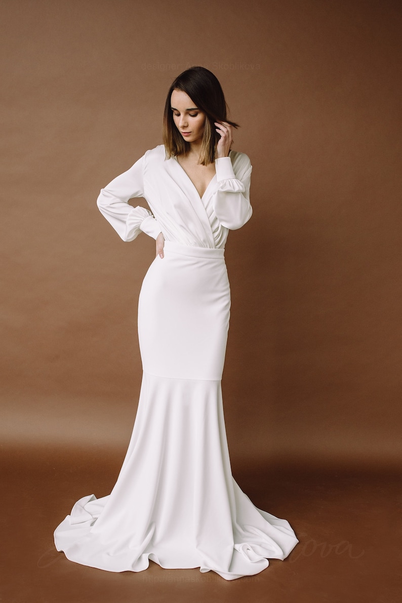 Fishtail wedding dress in sexy wedding dress gown style, Mermaid wedding dress, Wrap satin wedding dress, Trumpet wedding dress 0184 2021 image 2