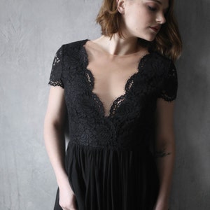 Black wedding dress, Black bridesmaid dress, Black evening dress, Black silk dress, Black lace dress, 0119