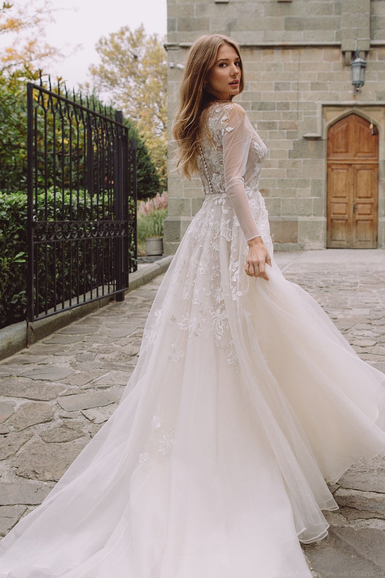 Fairy wedding dress made of natural silk with illusion sleeves, flowy wedding dress, Royal wedding dress, Оrganza Floral wedding dress 0168 image 1