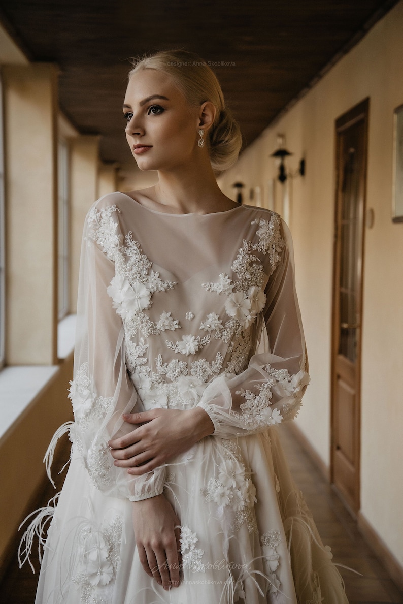 Winter wedding dress with Long sleeve wedding dress, Boho modest wedding dress, A line wedding dress, Backless Fairy wedding dress 0216 image 1