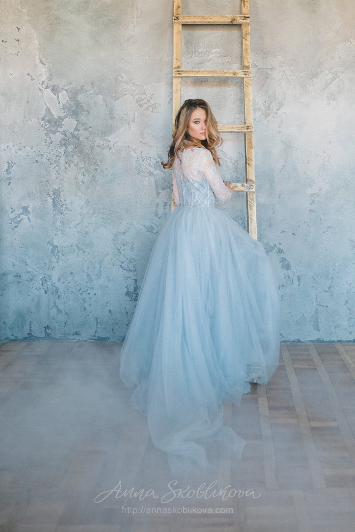 Blue wedding dress Tulle wedding dress Blue lace wedding image 1