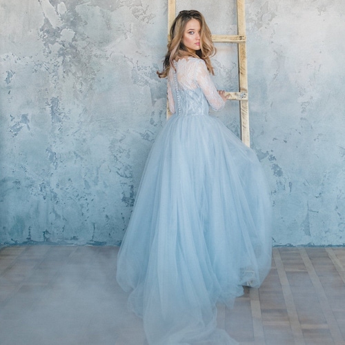 Light Blue Tulle Wedding Dress Custom Simple Summer Gown With Blue Lace Details (0093) - Etsy Light Blue Tulle Wedding Dress Custom Simple Summer Gown With Blue Lace Details (0093) - Etsy