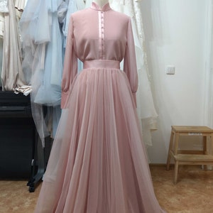 Vintage wedding dress from natural silk and blush tulle skirt. Victorian wedding dress, summer wedding dress, simple wedding dress 0134 Dusty Pink Color
