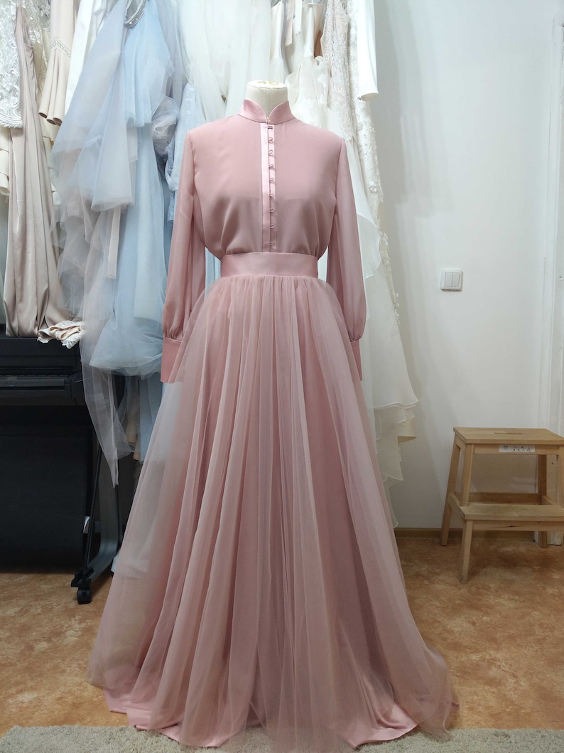 Vintage wedding dress from natural silk and blush tulle skirt. Victorian wedding dress, summer wedding dress, simple wedding dress 0134 Dusty Pink Color