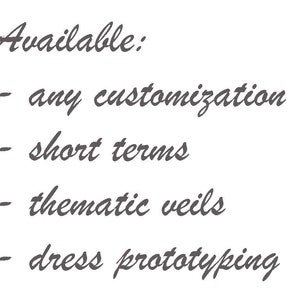 May include: A list of services offered, including customization, short-term projects, thematic veils, and dress prototyping.