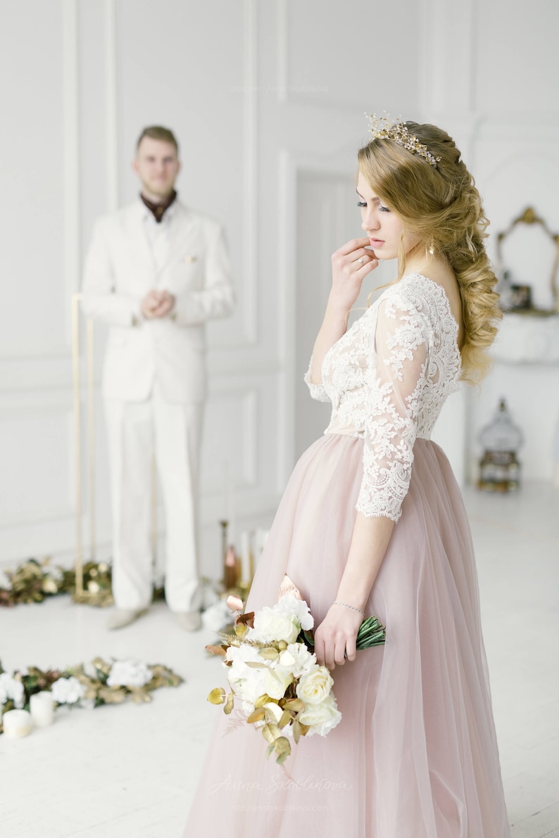 Plus size trouwjurk, Blush trouwjurk, Roze trouwjurk, lange mouwen trouwjurk, tule aangepaste trouwjurk 2019 / 0079 afbeelding 6