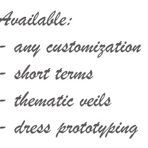 May include: A list of services offered, including customisation, short-term projects, thematic veils, and dress prototyping.