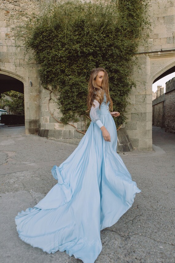 Bishop Sleeves Blue Wedding Dress Plunging Neckline Wedding Dress Long Sleeve Flowy Wedding Dress A line Buttons Wedding Dress 0176 Etsy Canada