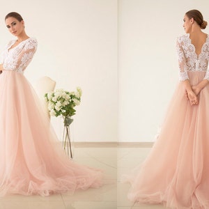 Tulle wedding dress, Pink wedding dress, V-neck wedding dress, Pink bridesmaid dresses, Bridesmaid dress, Lace dress, 0047