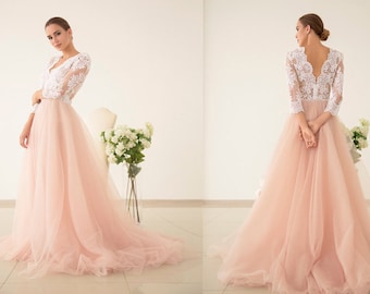 Tulle wedding dress, Pink wedding dress, V-neck wedding dress, Pink bridesmaid dresses, Bridesmaid dress, Lace dress, 0047