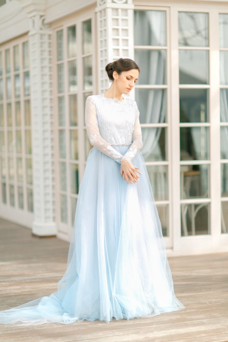 Blue wedding dress, Blue bridesmaid dress, Blue and white dress, Light blue wedding dress, Tulle dress, 0019 image 3