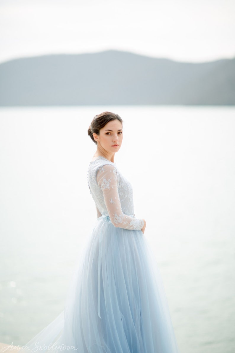 Blue wedding dress, Blue bridesmaid dress, Blue and white dress, Light blue wedding dress, Tulle dress, 0019 image 5