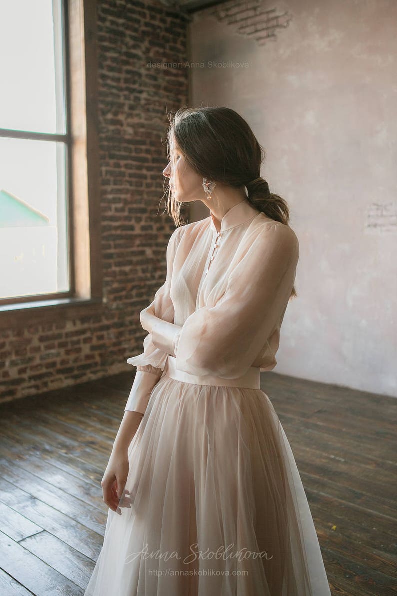 Vintage wedding dress from natural silk and blush tulle skirt. Victorian wedding dress, summer wedding dress, simple wedding dress 0134 image 6