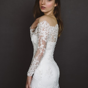 Off the shoulder wedding dress, Wedding dress with detachable skirt, Winter wedding dress Lace  long sleeves wedding dress 0217 - CATHERINE
