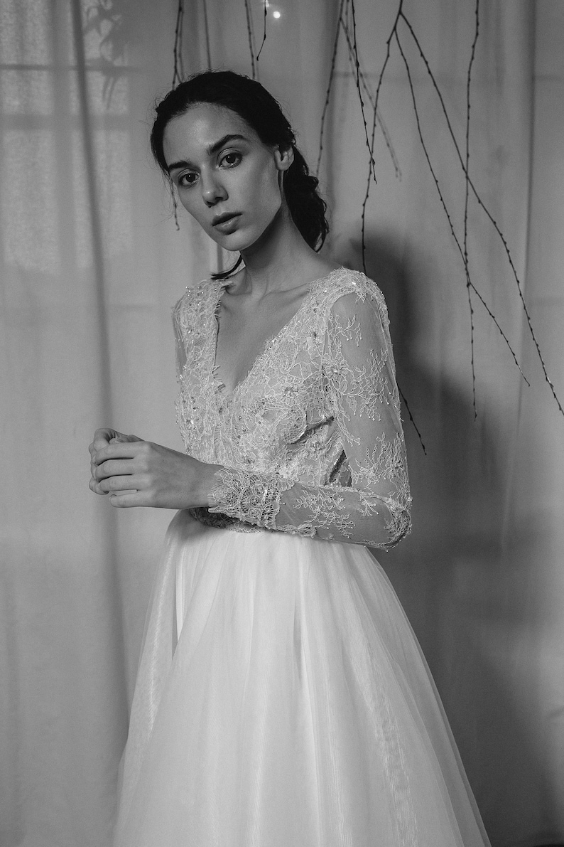 Backless wedding dress, Beaded wedding dress, Long sleeve wedding dress, Embroidered wedding dress, Tulle skirt 0225 image 4