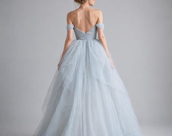Off-The-Shoulder Gray Blue Wedding Dress 0208/2026 - Maternity Corset Gown in Princess Style, Blue-Toned