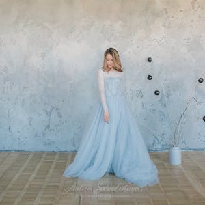 Blue wedding dress, Tulle wedding dress, Blue lace wedding dress, Light blue wedding dress, Custom Simple Summer wedding dress 0093 image 5