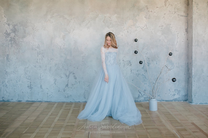 Blue wedding dress, Tulle wedding dress, Blue lace wedding dress, Light blue wedding dress, Custom Simple Summer wedding dress 0093 image 5