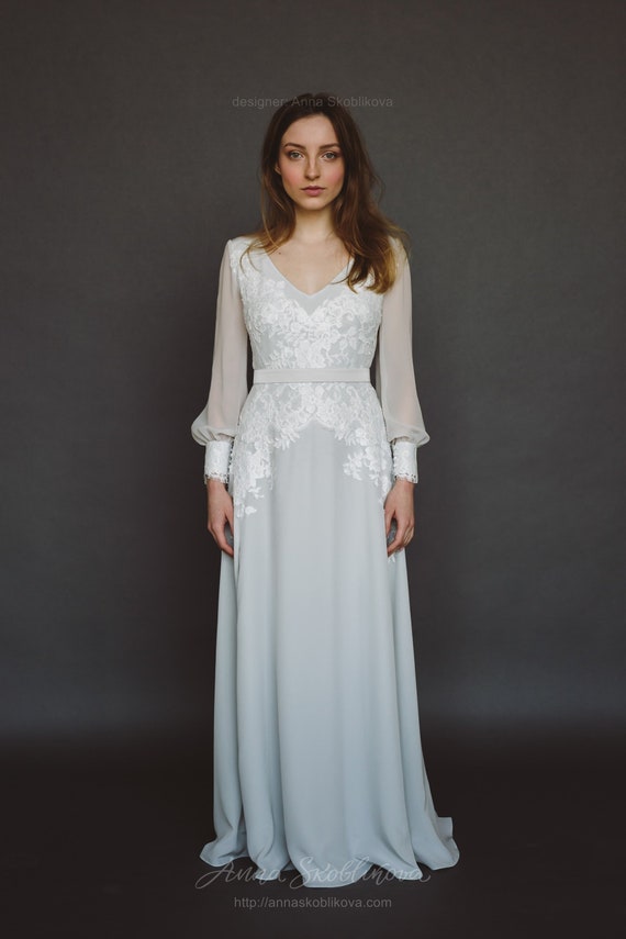 anna grey wedding dress Boho Gray – Romantic French Lace Bridal Gown in Blue-toned Silk (0223 “MALISSA”) anastasia steele wedding dress