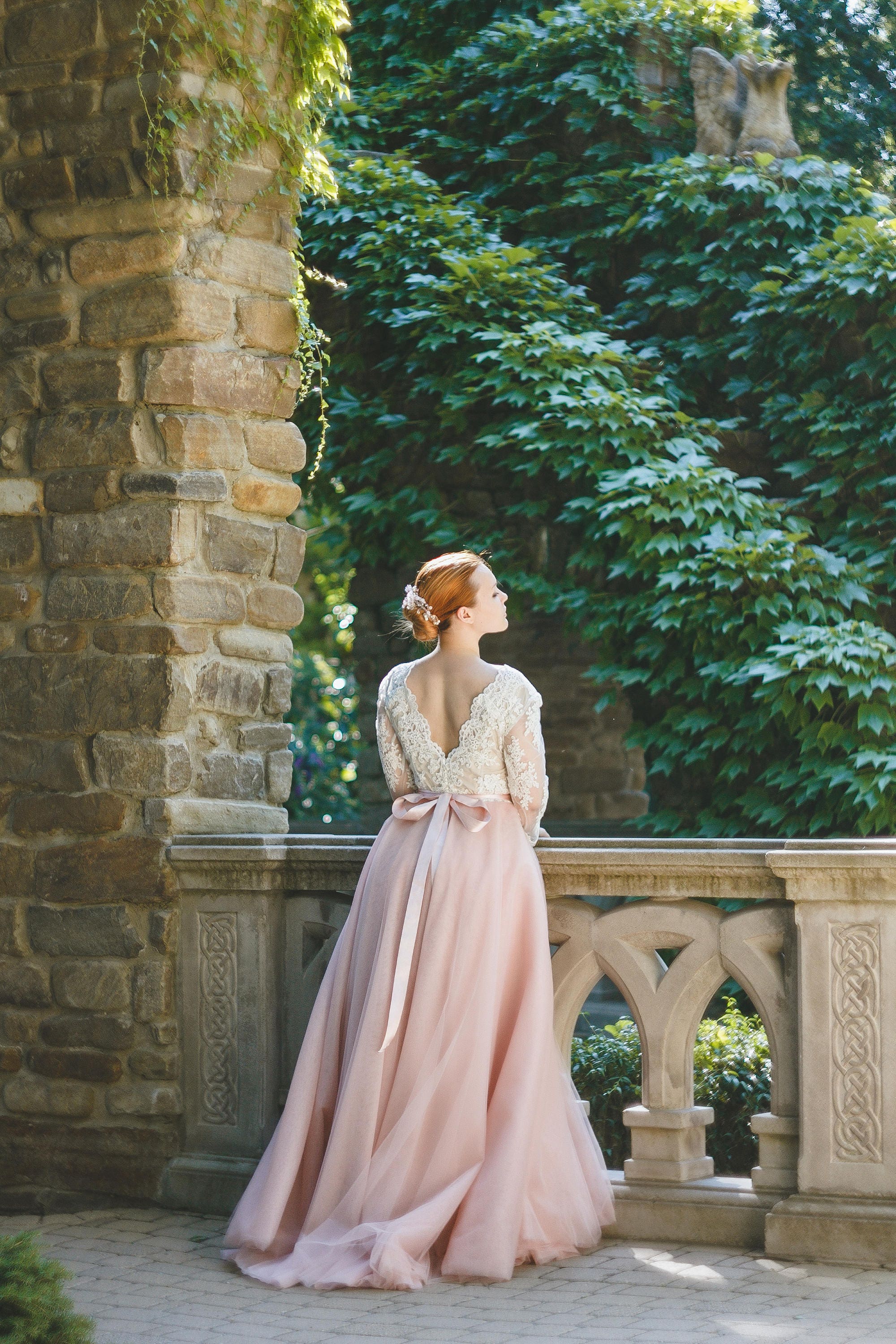 Plus Size Blush Pink Wedding Dress - Simple Lace Bridal Gown with Sleeves, Curvy (0014)