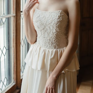 Peplum wedding dress with straight neckline,  crepe wedding dress, vintage corset wedding dress, cream French lace wedding dress // 0175
