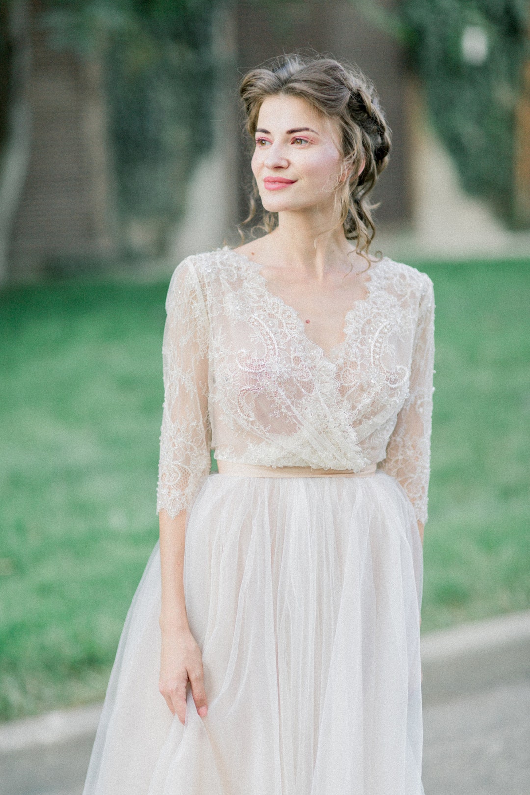 Bridal Bodysuit With Tulle Skirt Wedding Dress, Long Sleeve Lace Bodysuit,  Simple Modern Long Sleeves Lace Wedding Dress Bonita 0185 / 2021 -   Canada
