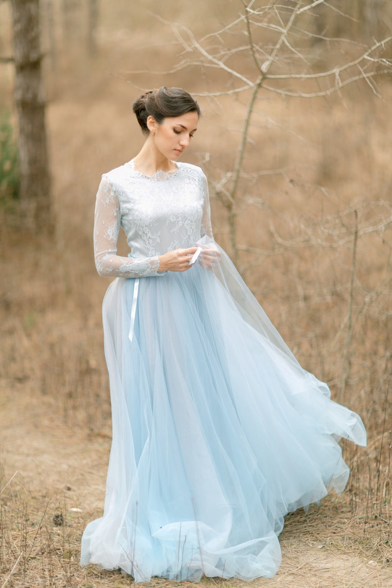 Blue wedding dress, Blue bridesmaid dress, Blue and white dress, Light blue wedding dress, Tulle dress, 0019 image 2