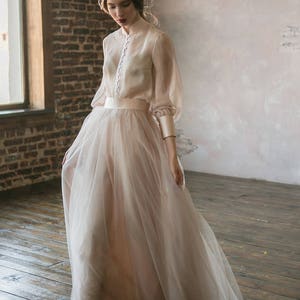 Vintage wedding dress from natural silk and blush tulle skirt. Victorian wedding dress, summer wedding dress, simple wedding dress 0134 image 5