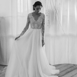 Backless wedding dress, Beaded wedding dress, Long sleeve wedding dress, Embroidered wedding dress, Tulle skirt 0225 image 10