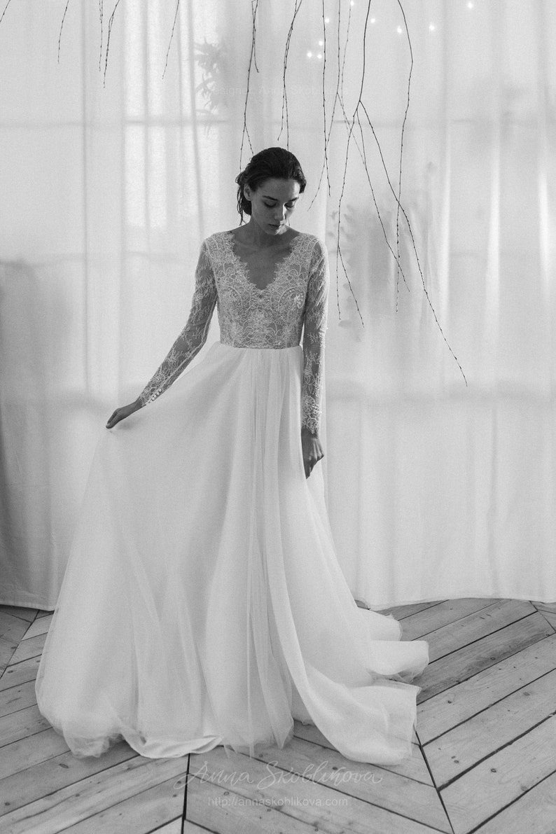 Backless wedding dress, Beaded wedding dress, Long sleeve wedding dress, Embroidered wedding dress, Tulle skirt 0225 image 10